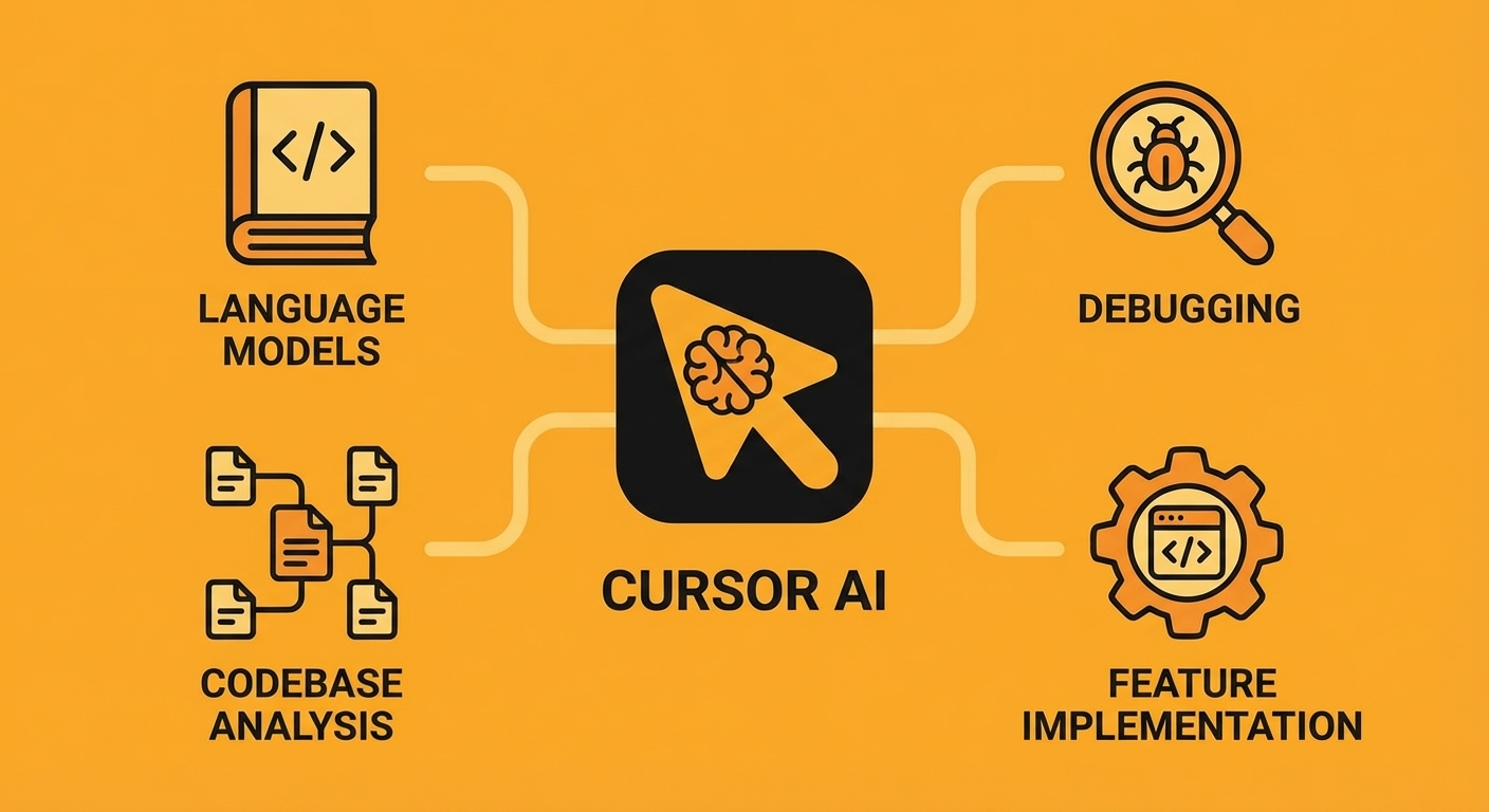 Central Cursor AI icon connected to four surrounding capabilities: language models, debugging, feature implementation, and codebase analysis